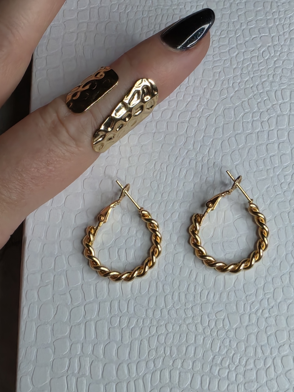 Gold Twisted Hoop Earrings With Ring Set  - Women Jewelry